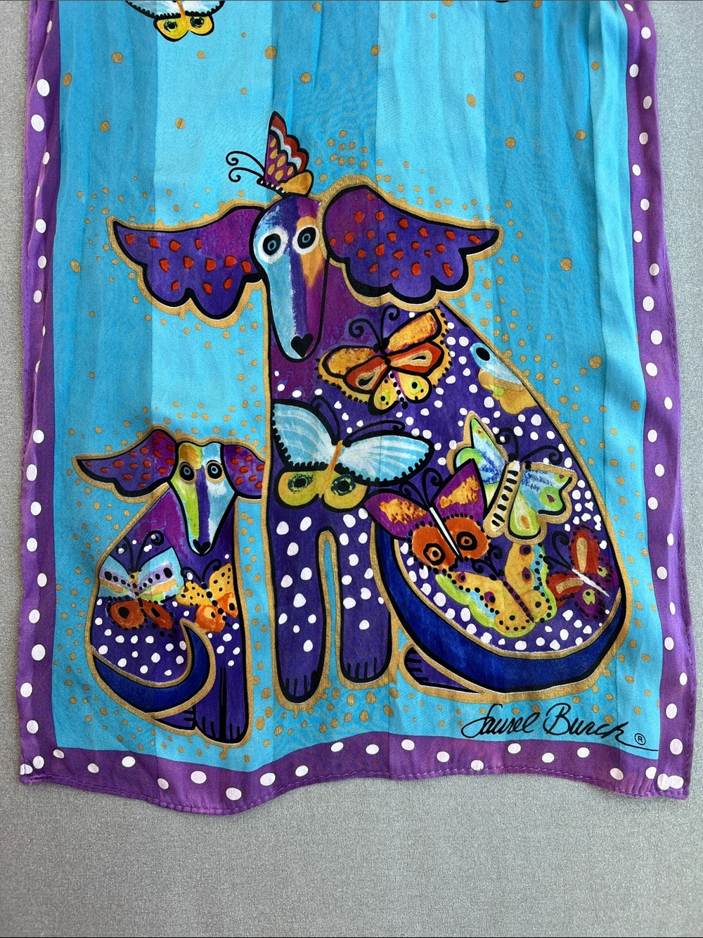 Laurel Burch | Bright Teal Purple Gold Butterfly Dog Silk Art Scarf 52”L x 11”W